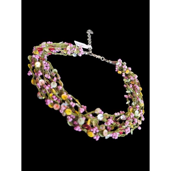 Crochet Bead Pink/Green/Yellow Necklace - Picture 4 of 9